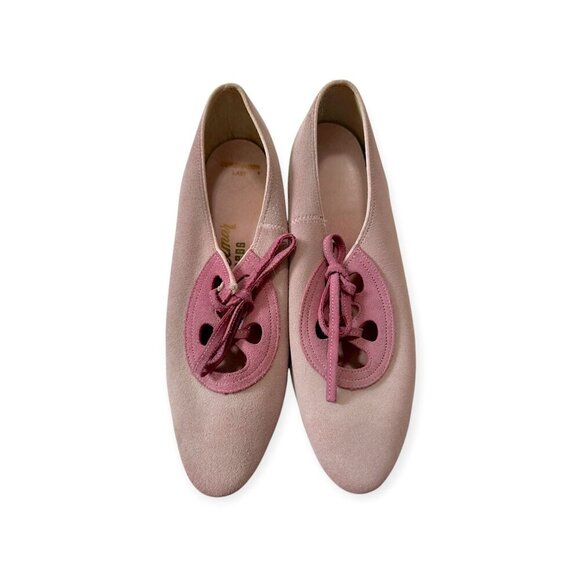 Vintage Delmar Debs Pink Suede Lace-Up Kitten Heels 5.5 Sculpted Heel USA - Picture 1 of 9